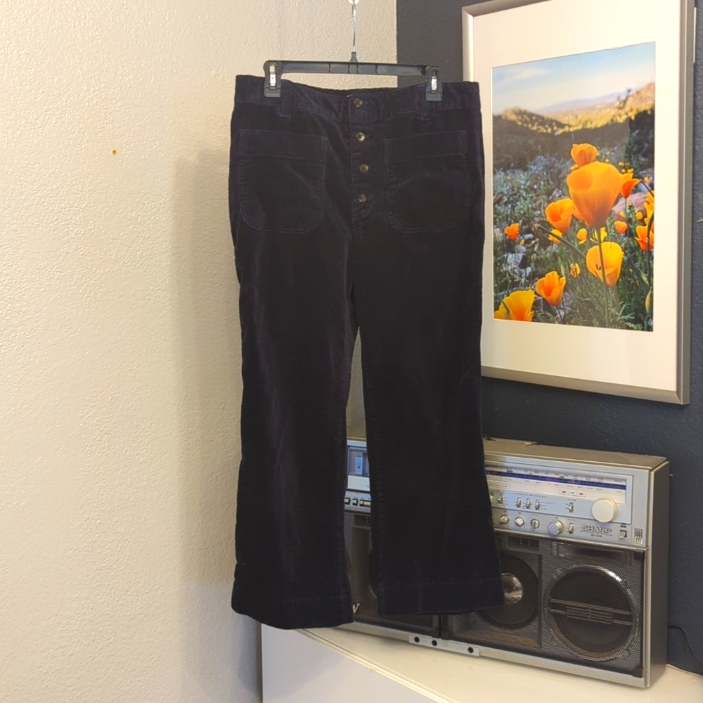 Navy Blue Corduroy crop pants with patch pockets | button fly